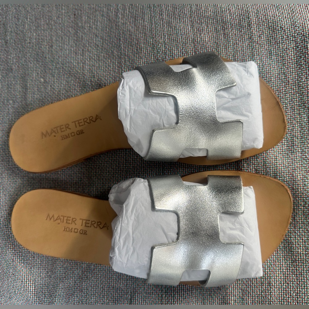 Silver Leather Slide Mykonos Sandals - Women